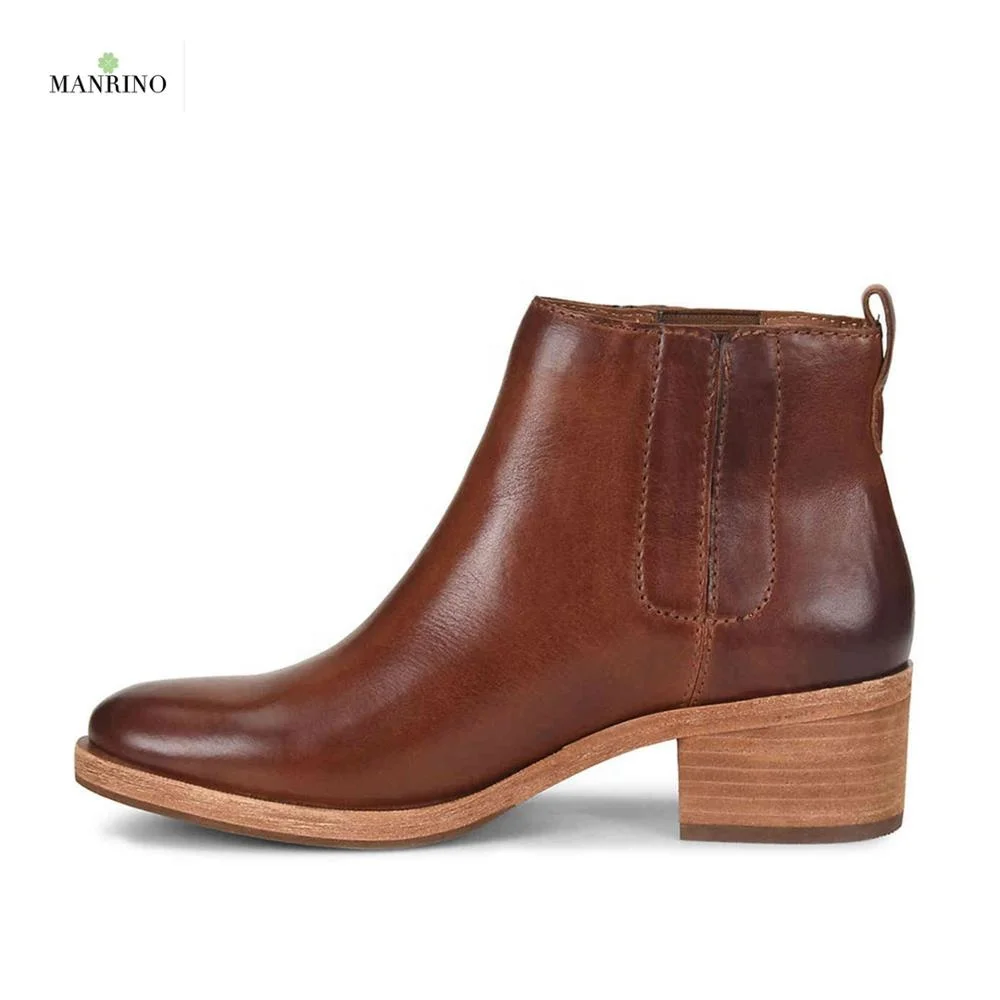 MANRINO-0192 Handmade Distressed Red Brown Genuine Leather High Quality Comfortable Chunky Heel Women Leather Sole Ankle Boots