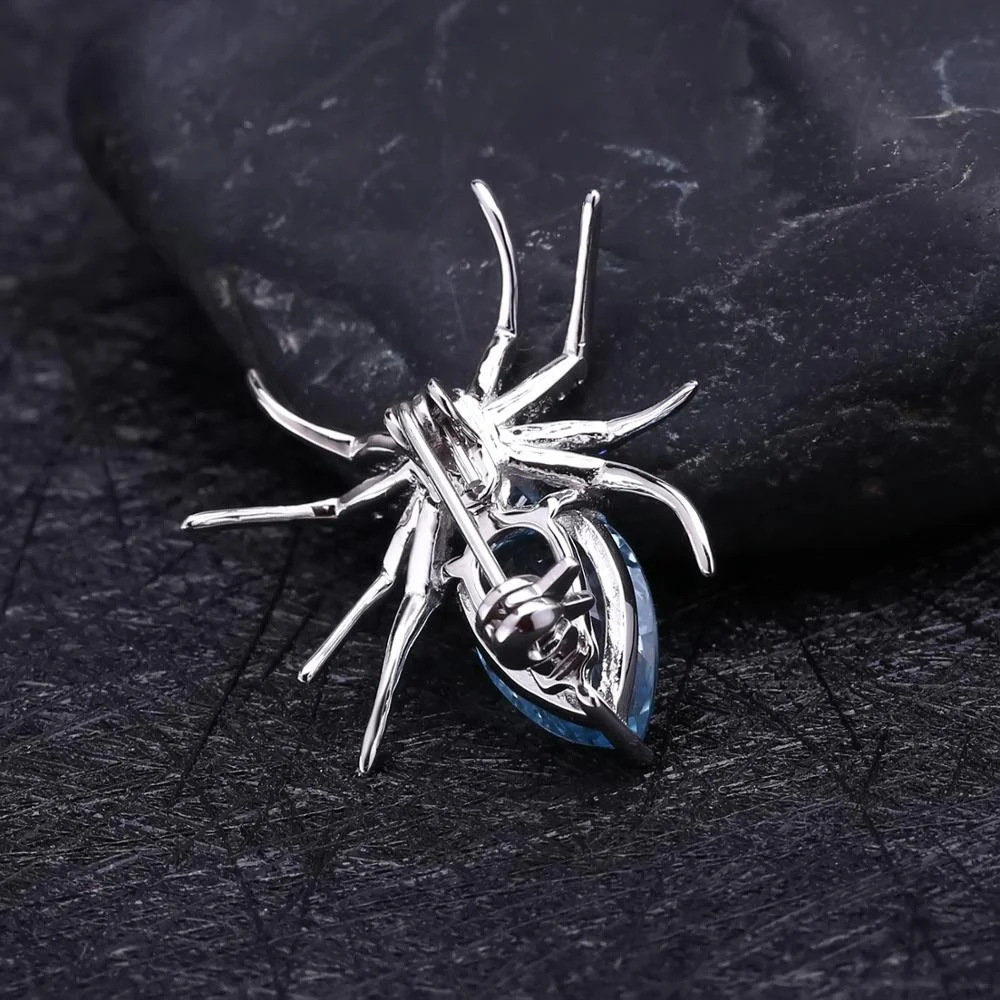 Abiding  Natural Sky Blue Topaz Spider Pendant Jewelry 925 Sterling Sliver Brooches For Women Dresses Brooch Vintage Pendant