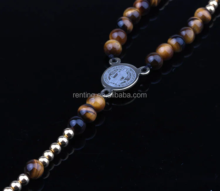 Rosary Jewelry Necklace Gold Stainless Steel Bead and Cross Gemstone Men and Women Necklaces Tiger Eye JNK9198 Renting CN;ZHE