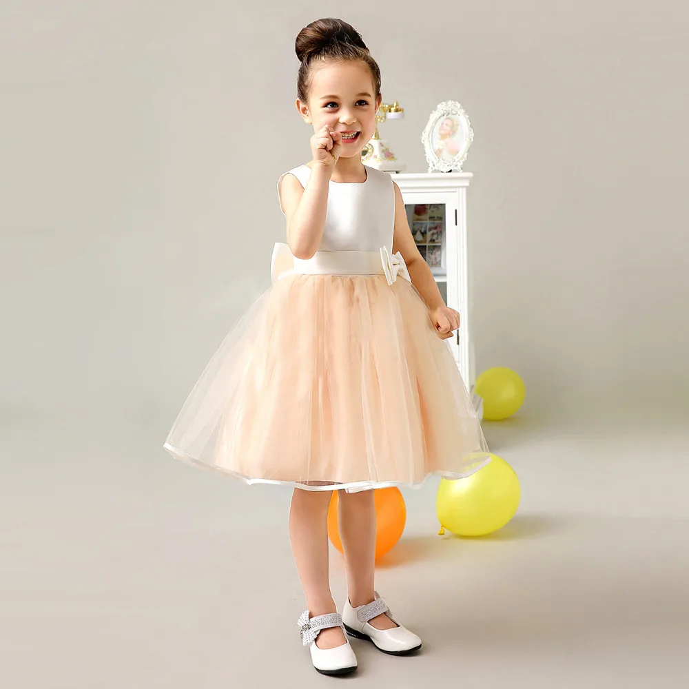 Cheap Flower Girl Dress With Ribbon Belt Mesh Ployster Tiered Girls Evening Prom Dress First Communion Gown