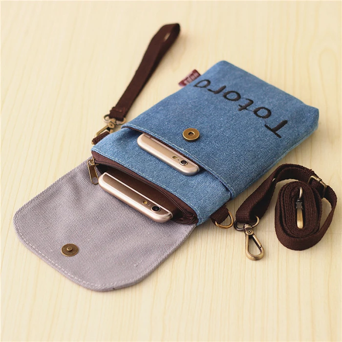 Fashion Simple Lightweight Cute Lady Multi Pattern Cartoon Horizontal Tote Sling Mobile Phone Small Denim Cotton Cloth Bag