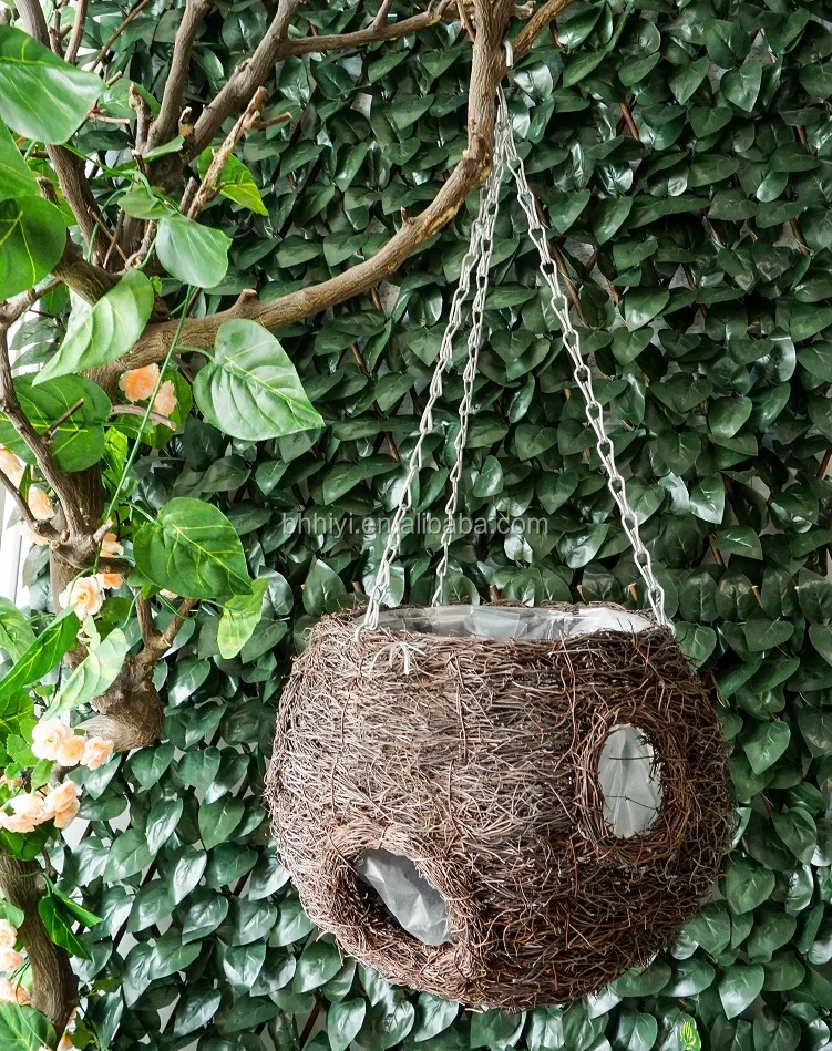
Custom Rattan Style Plant Pots Planters Hanging Baskets Natural Woven Garden Round Flower Plant Hanger with Hook and Chain 