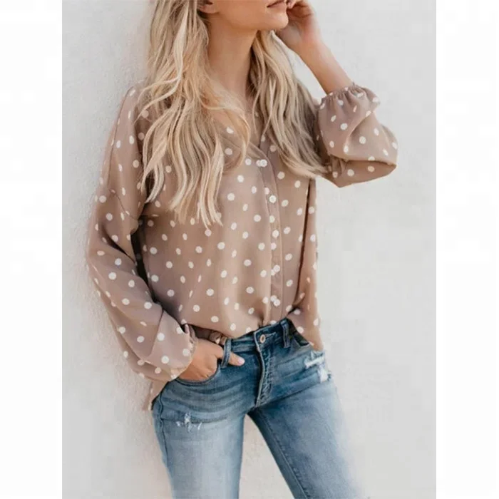 
Wholesale Personalized Ladies Apricot Polka Dot V-neck Shirt 
