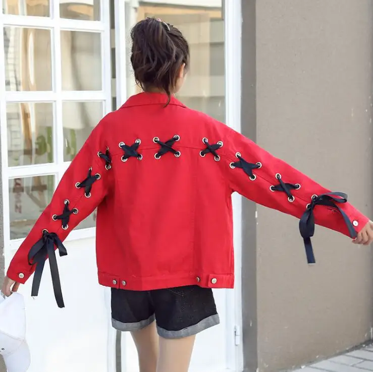 2018 Korean Straps Hole Jeans Jacket for Women Loose Casual Blue Denim Jacket Women Basic Coats Female outwear Denim Feminine