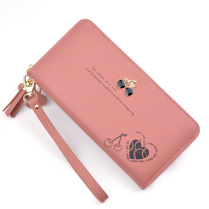 2019 New women cherry wallet large capacity zipper tassel wallet mobile phone bag
