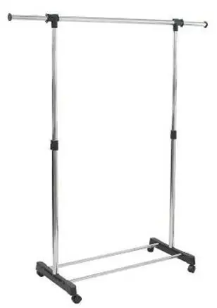 Elegant Singular Black Metal Bar Four Wheel Clothes Display Rack