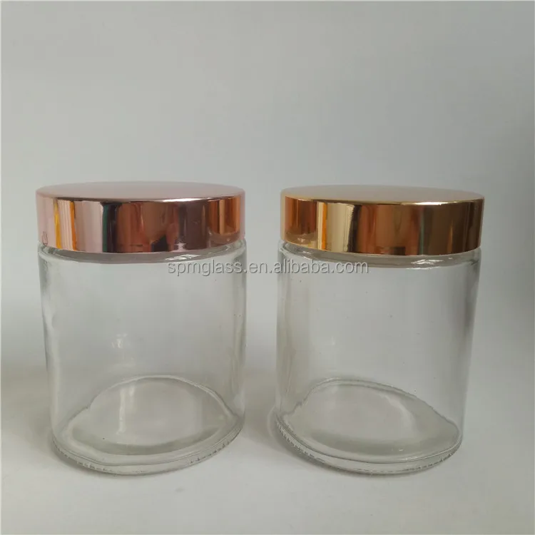 Luxury round straight sided glass jar rose gold lid for cosmetic,spice,food,candle
