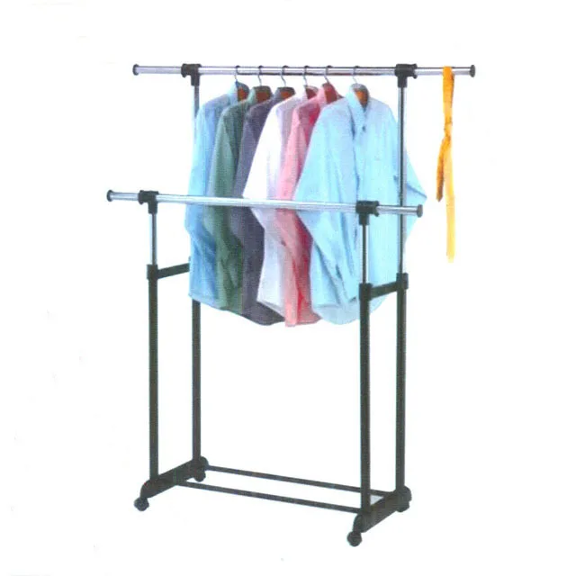 Elegant Singular Black Metal Bar Four Wheel Clothes Display Rack