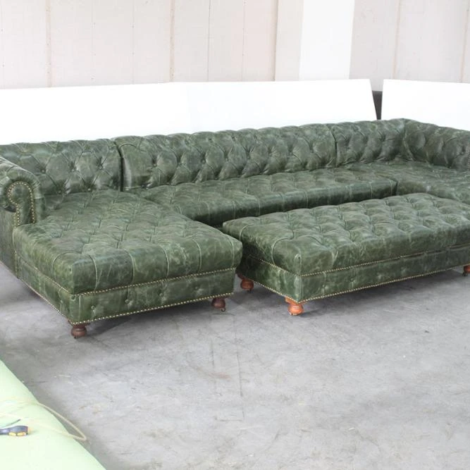 Antique green vintage leather button tuft chesterfield couch