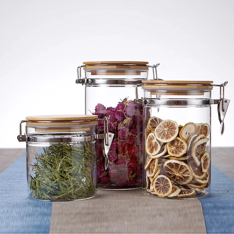 Cangzhou cylindrical sealed borosilicate glass spice  jar with bamboo clamp lid