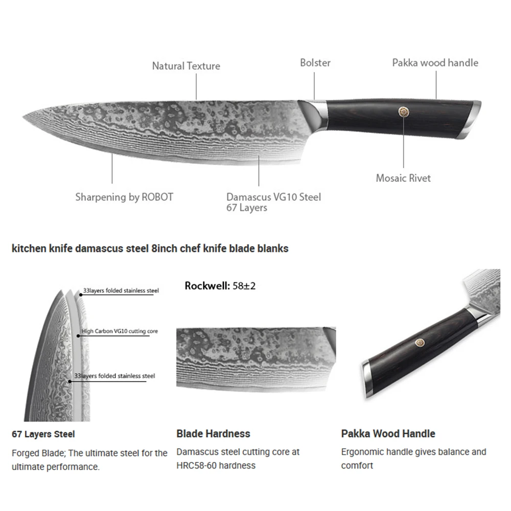 Japanese VG-10 Damascus chef knife with pakka handle kitchen knife set