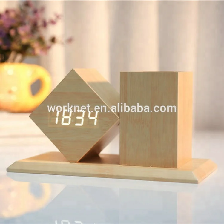 Wholesale Office Alarm and Thermometer Crystal Stand Digital Desk Table Wooden Clock with Pen Holder For Promotional Gift