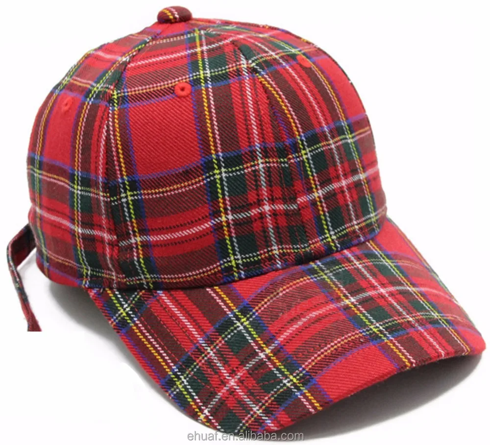 New adjustable strap closure peaked 6 panel structured baseball red grid plaid fashion caps hats