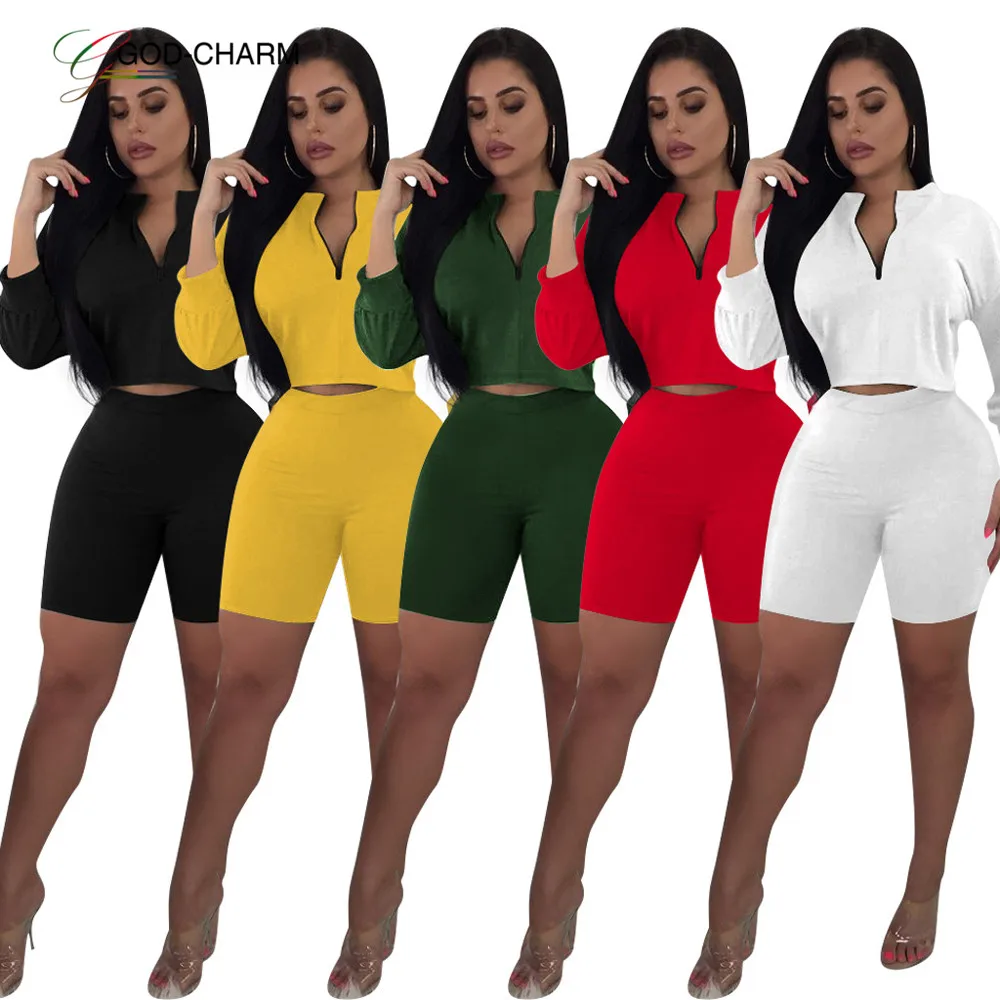 *GC-86962106 2020new Wholesale plain color zipper collar long sleeve t shirt and hot shorts two piece set blank women track suit