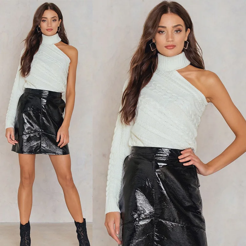 Turtleneck One Shoulder Knitted Sweater Women Fashion Twist Pullovers Female Sexy Autumn Winter Sweater