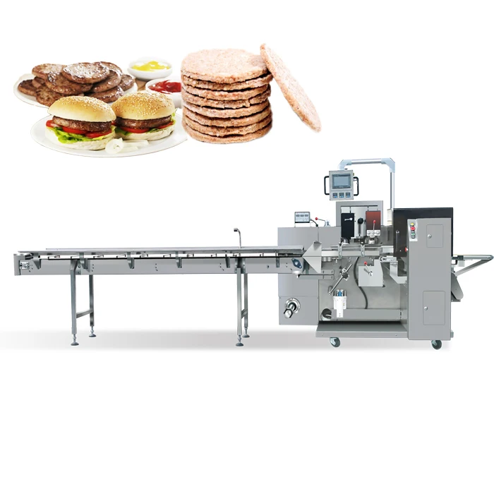 Automatic flow wrapper for burger patty food packaging