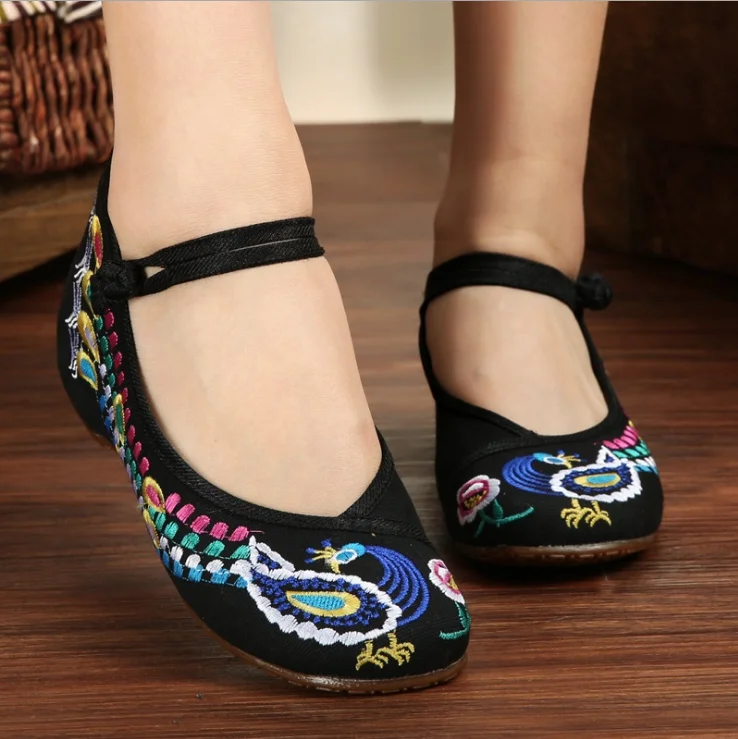 Винтажные женские холщовые лоферы на ремешке с вышивкой китайского Феникса, повседневная обувь на плоской подошве