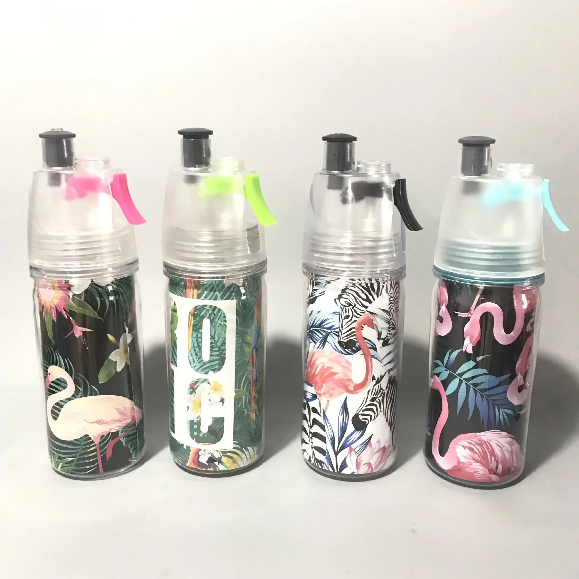Feiyou Flamingo unicorn mermaid pattern Promotional plastic mist spray drinking water bottle cool water bottle with straw