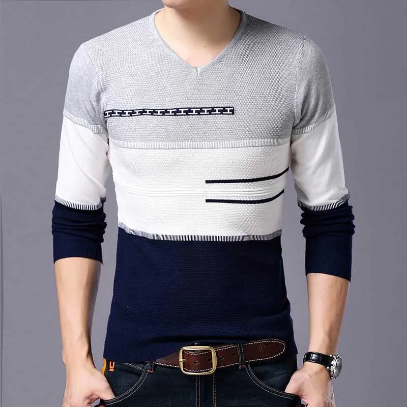 Мужской осенне-зимний тонкий акриловый вязаный джемпер в полоску с круглым вырезом