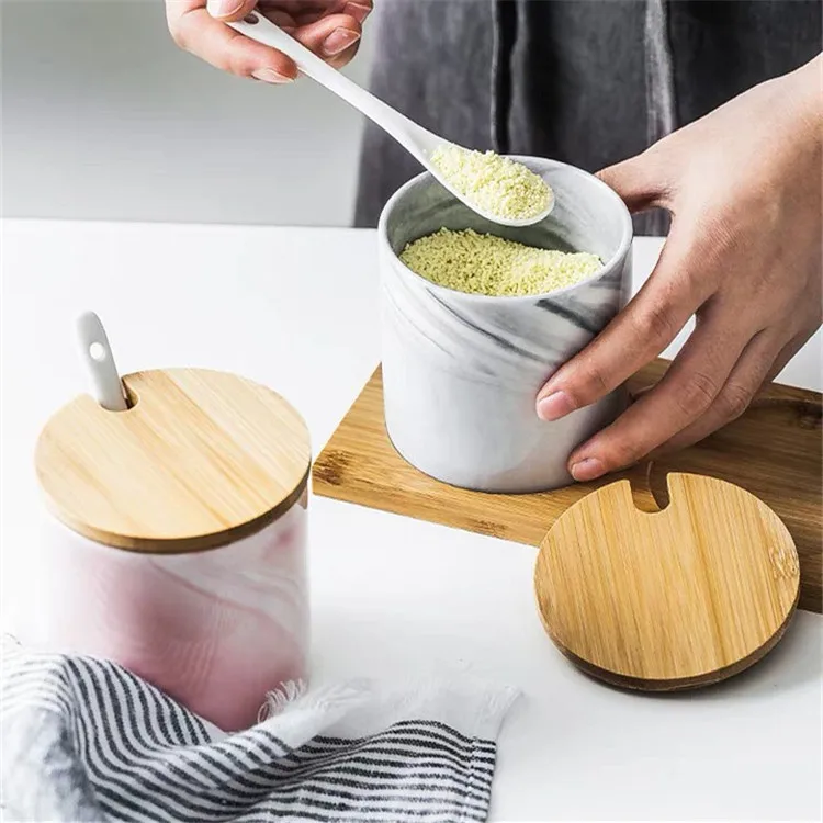 Fancy luxury style wholesale kitchen empty ceramic spice containers marble wooden lid spice jar with bamboo stand