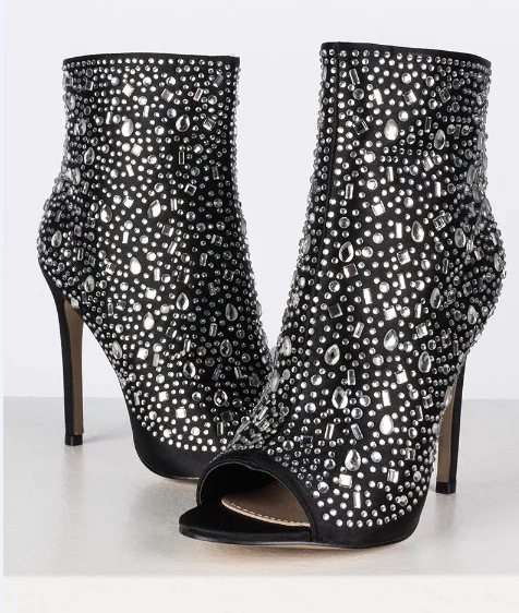 
Women gender ankle boots fashion high stiletto heel open toe with shimmering jewels ankle boots 
