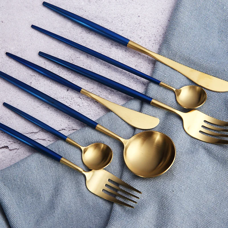 30% OFF Cupitol Style Matte Gold Knife&Spoon&fork Set with Bule Handle Portuguese Design Retro drawing knife and fork