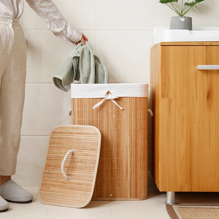 Multi-storage ECO-Friendly Bamboo Woven Square Clothes Storage Organizer Bin Storage Basket Bathroom Laundry Basket with Lid
