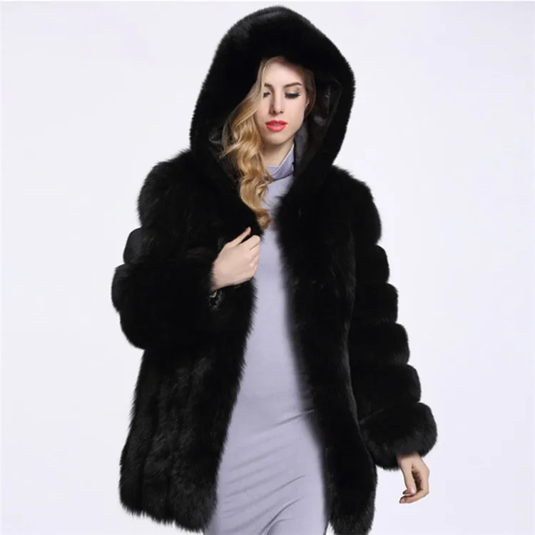 Women Artificial Fur Outwear Hooded Faux Fox Fur jacket Fake Fur coat