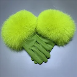 Women Fashion Colors Genuine Sheep Leather Fluffy Real Fox Raccoon Fur Wholesale Sexy Lady Leather Gloves