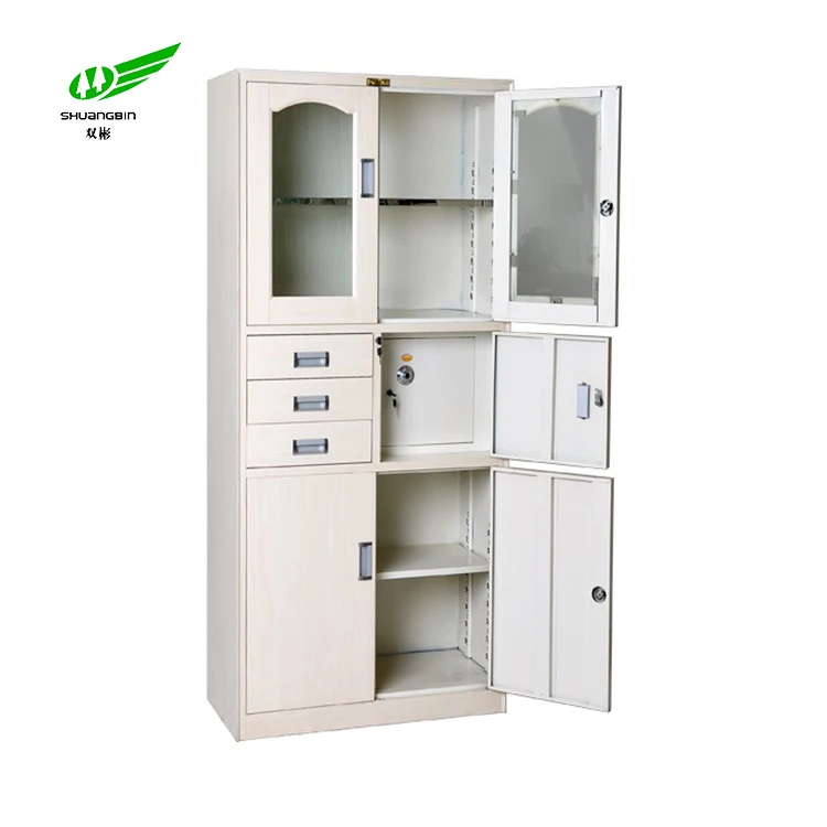 Model designed white glass cabinet door lock/office steel cupboard with 3 drawers and 2 glass doors/cupboard