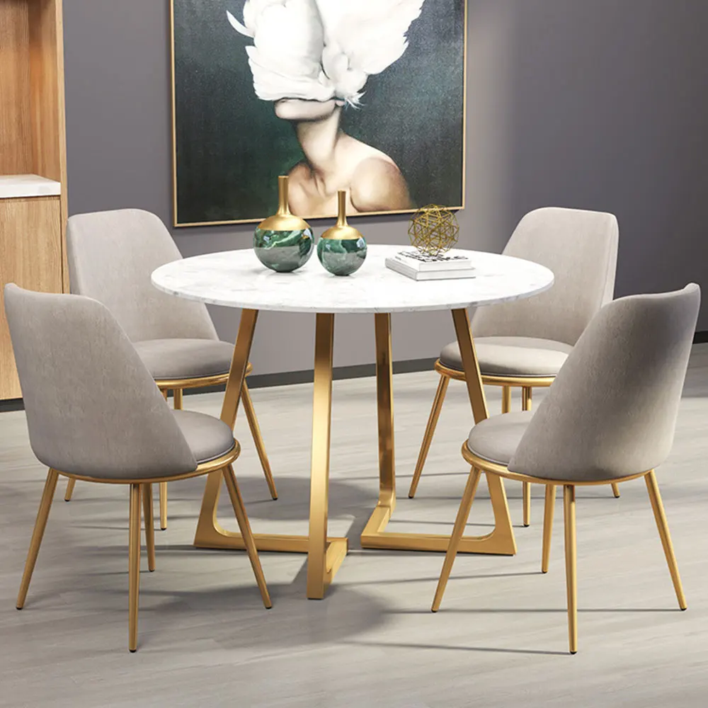 
Golden metal base marble round dining table white marble top gold leg round coffee dining table customized 