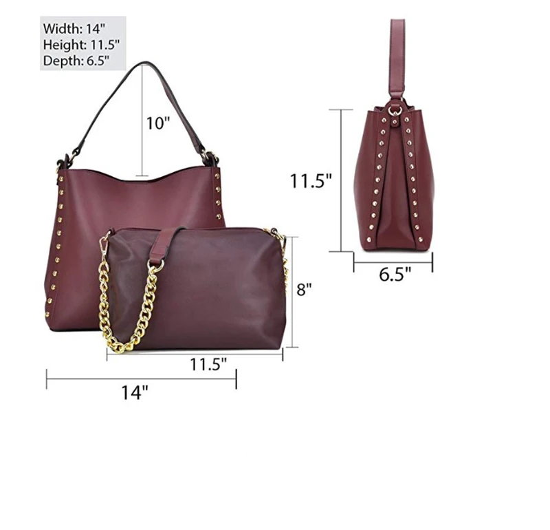 2 Pcs Women Studded Hobo Handbags Soft Vegan Leather Purses Roomy Tote Bags with Satchels