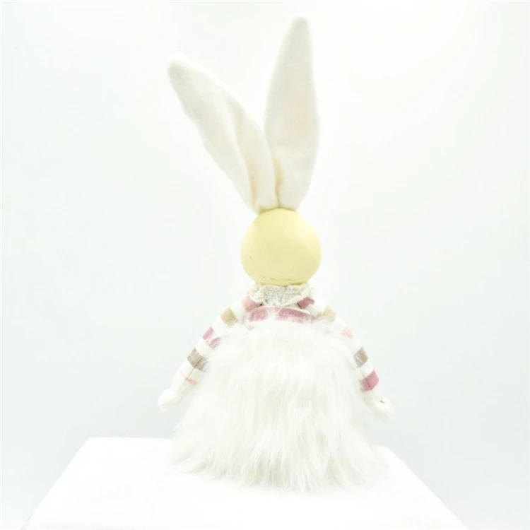 Easter Decoration Gifts Pink Plush Rabbit Figure Shelf Sitter Stripe Fabric Craft Home Decor Couple Bunny With Resin Head