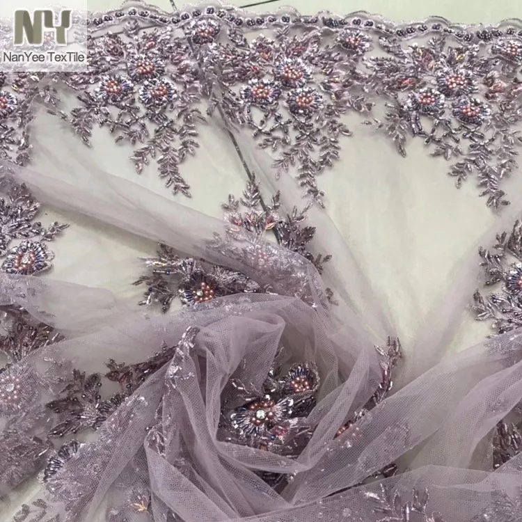 Nanyee Textile Stock Retail Hand Made Beads Sequin Embroidery Fabric For Wedding Bridal