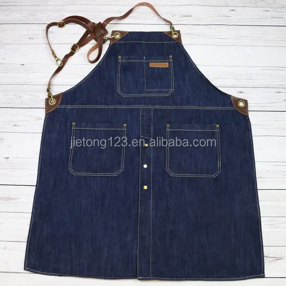 Unisex Long Jeans Apron With criss-cross Back Leather Straps Bartender Leather Denim Baking Cooking Apron