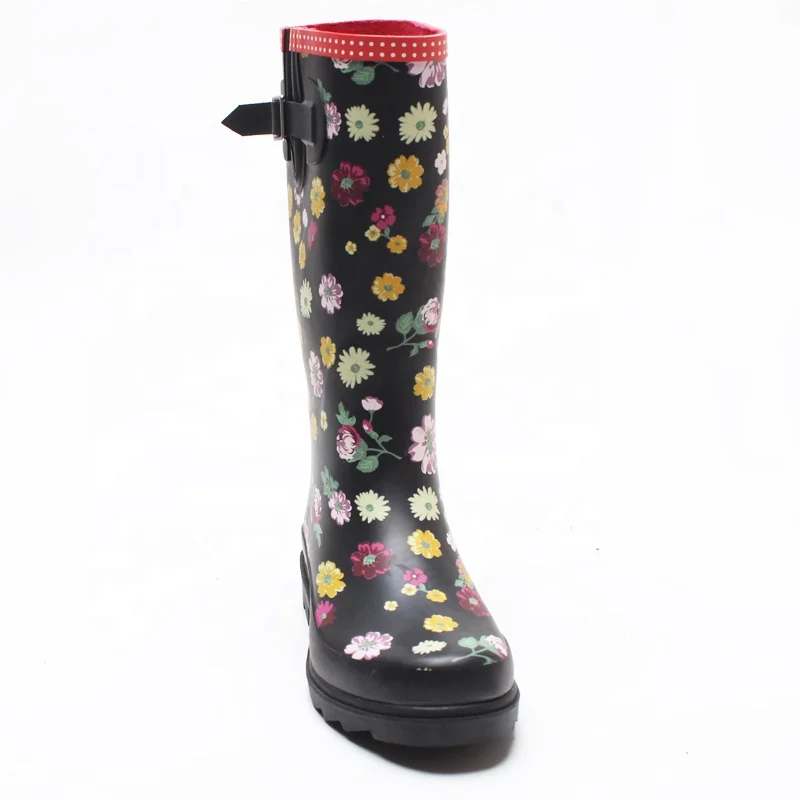 Hot sales fashion cheap high heel black flower print women rubber rain print shiny rain boots