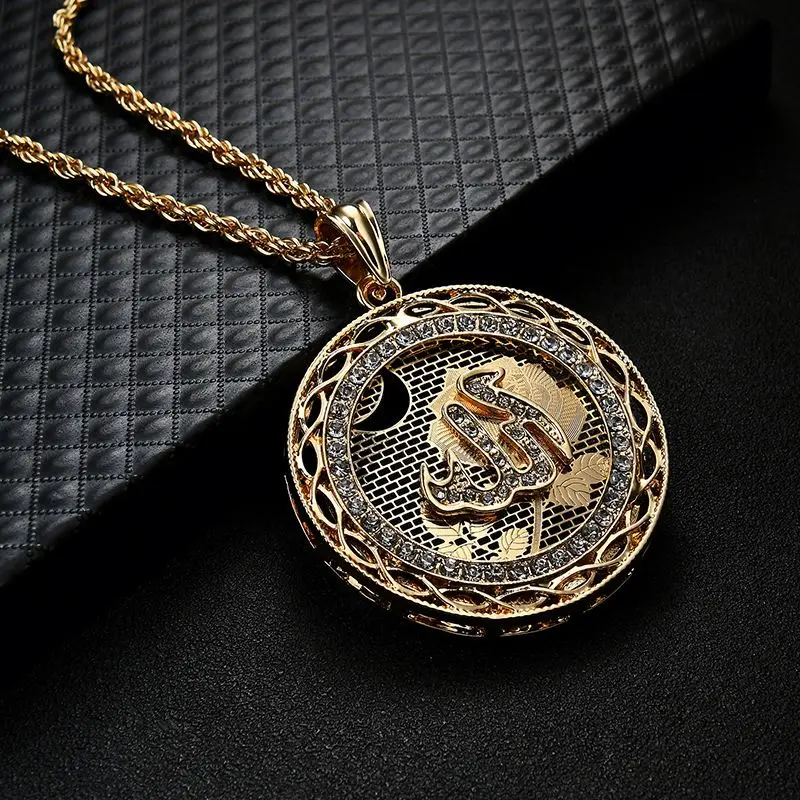 2019 Hot Selling Real Gold Arabian Muslim Islamic Allah diamond pendant necklace Crystal Round Pendant Necklace