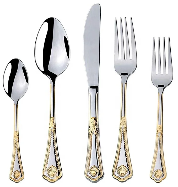 High-grade inox italian flatware 24k gold plated stainless steel silverware, 20pcs of tableware and 5 styles for hotels