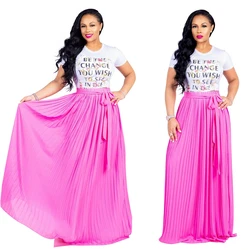 Wholesale women soild color long pleated chiffon skirts high quality crepe chiffon skirt with waist strap