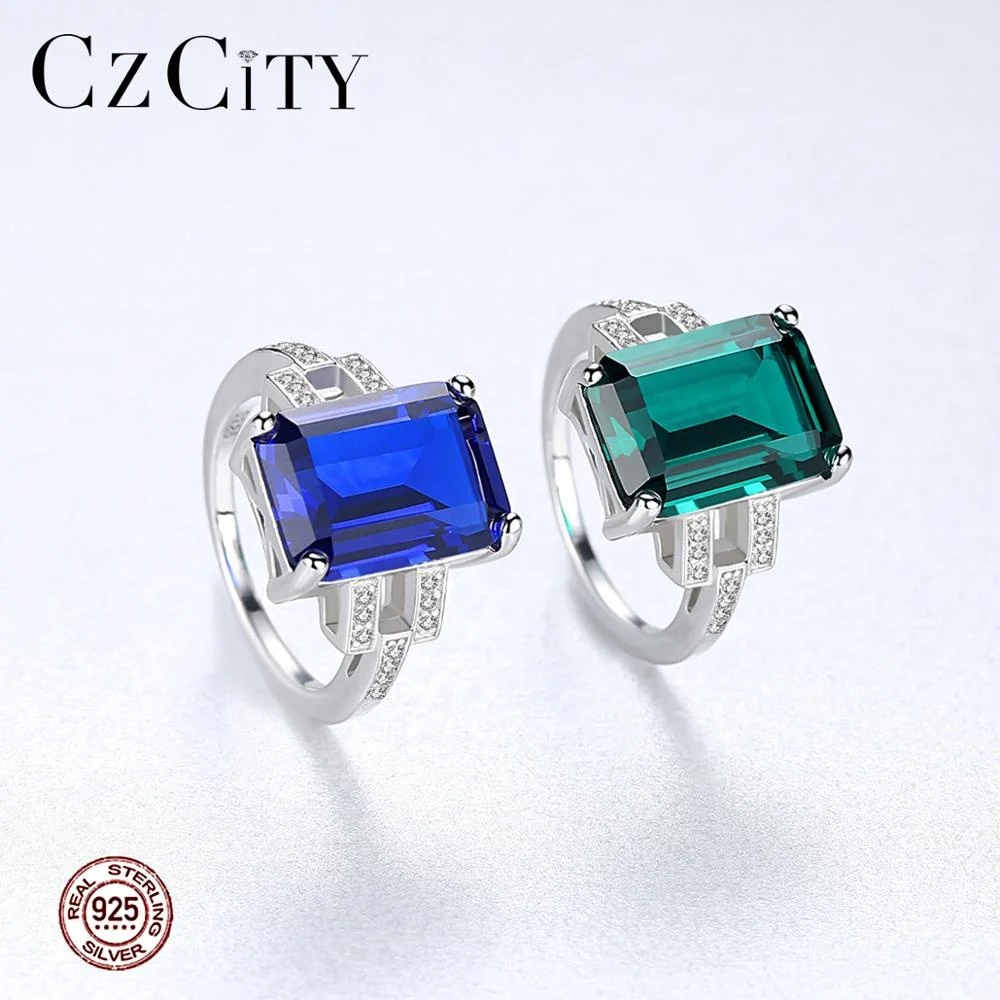 CZCITY Woman Trendy 925 Sterling Silver Gemstone Chunky Sapphire Blue Stone Finger Square Ring