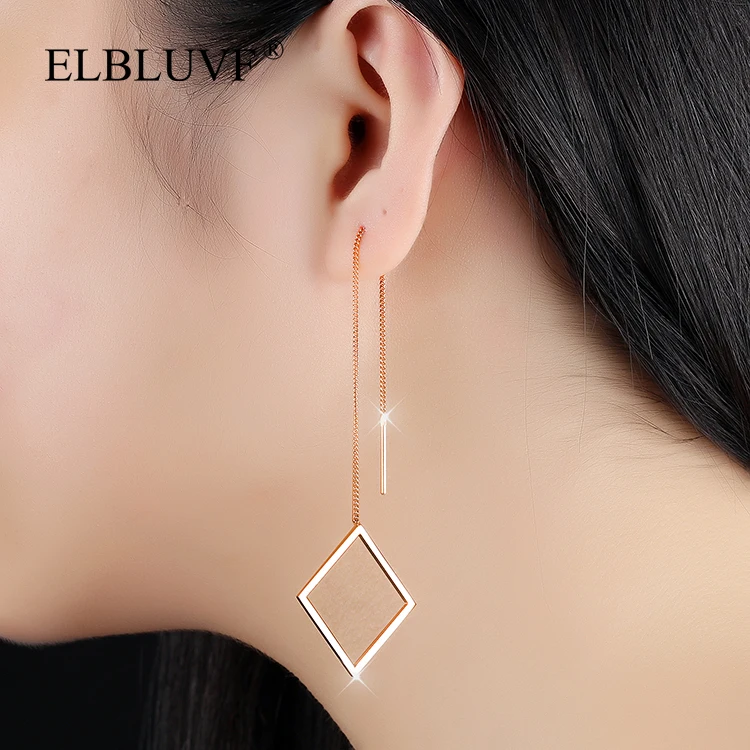 
ELBLUVF Free Shipping Stainless Steel Jewelry Rose Gold Plated Hollow Square Shape Tassel Big Earrings 