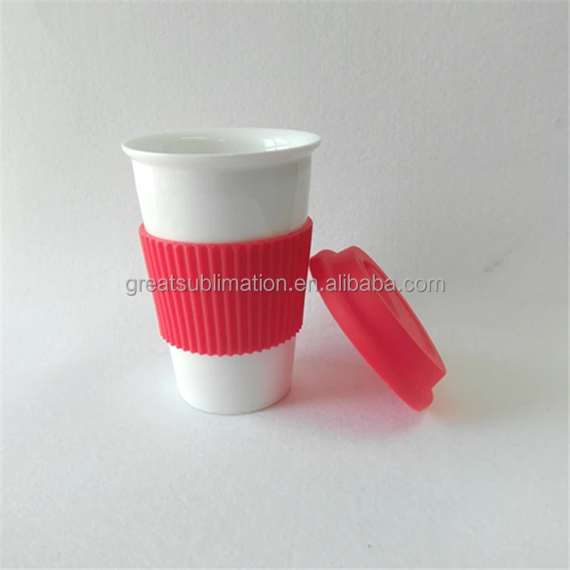 sublimation custom single wall ceramic travel mug with silicone lid,custom mug printing