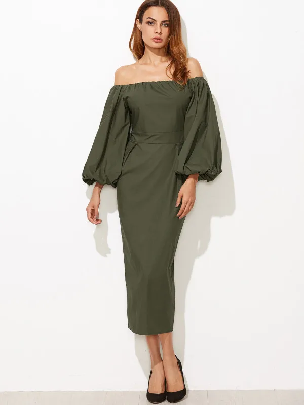 2021 hot sale Olive Green Off The Shoulder Seersucker Sleeve Slit Back Pencil Dress