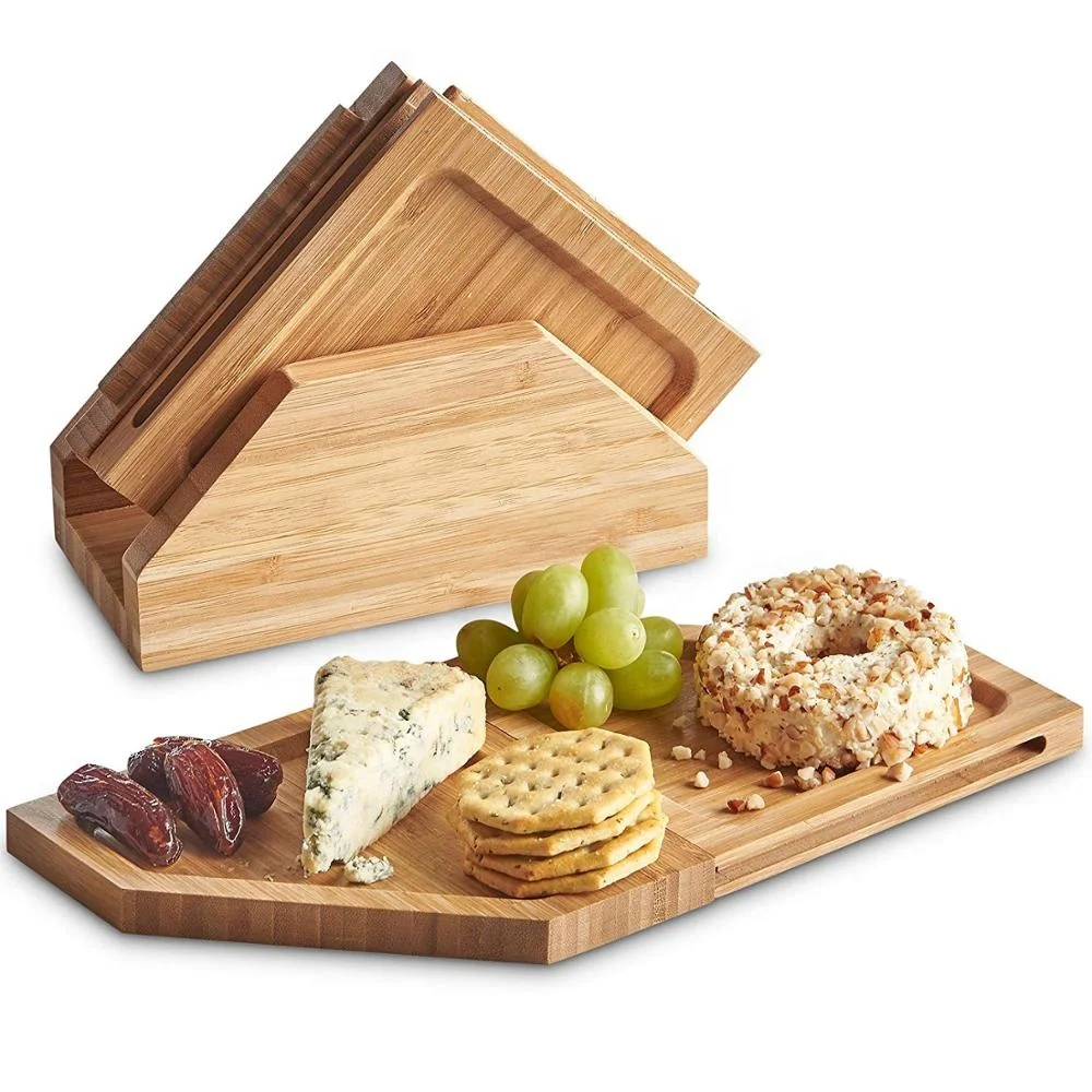 Jigsaw Platter Cheese Board with Display Stand, Natural Bamboo Wooden Charcuterie and Meat Serving Boards, 4 Connecting Coaster