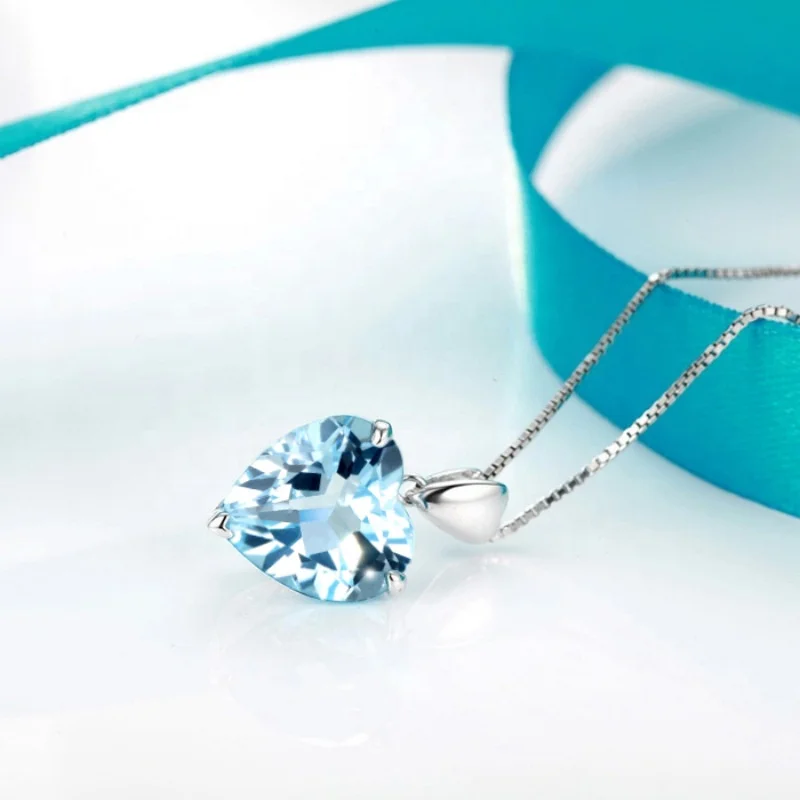 Blue Crystal Topaz Pendant Ocean Heart Shaped Necklace 925 Silver