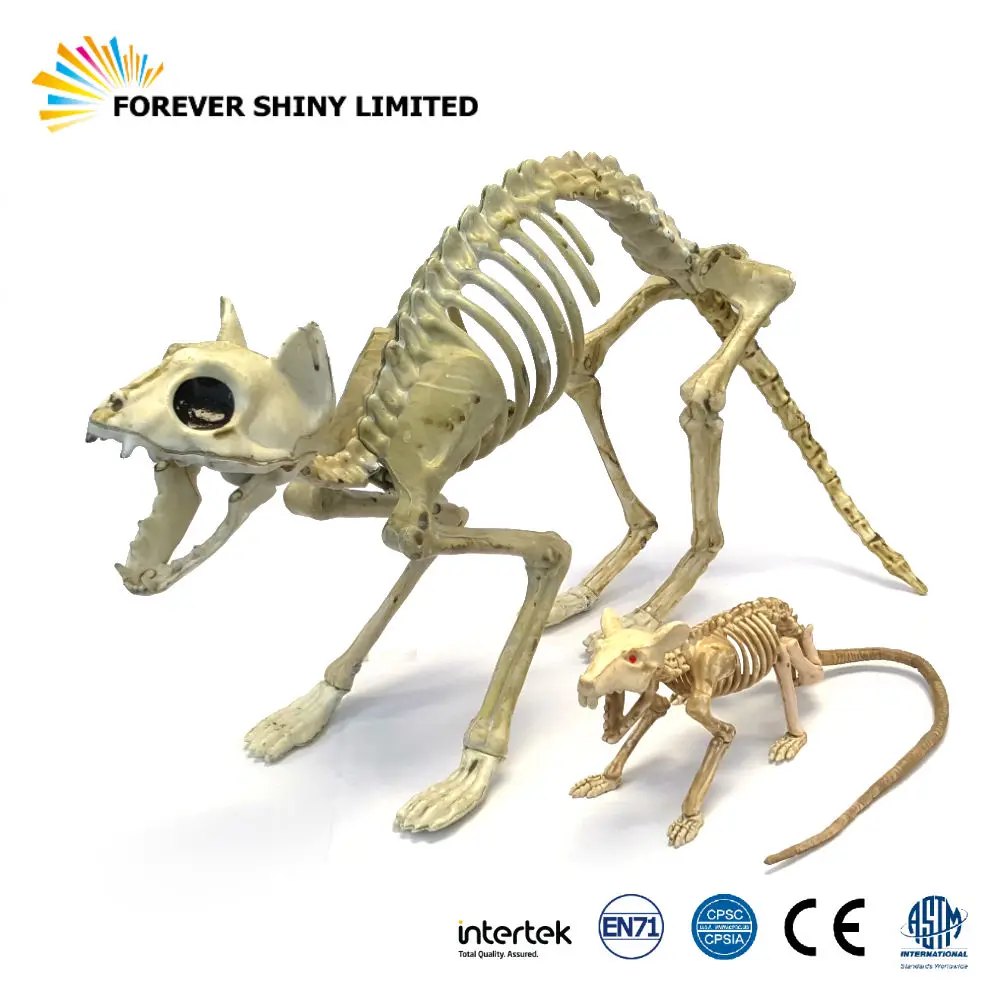 Detailed Realistic Miniature Unique Novelty Model Toy Animal Halloween Plastic Movable Skeleton Cat and Rat Figurine Set