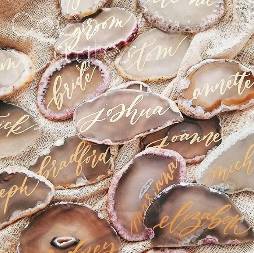 Cocostyles personalized customized blank beautiful white agate guest name cards with handwriting for aesthetic wedding party
