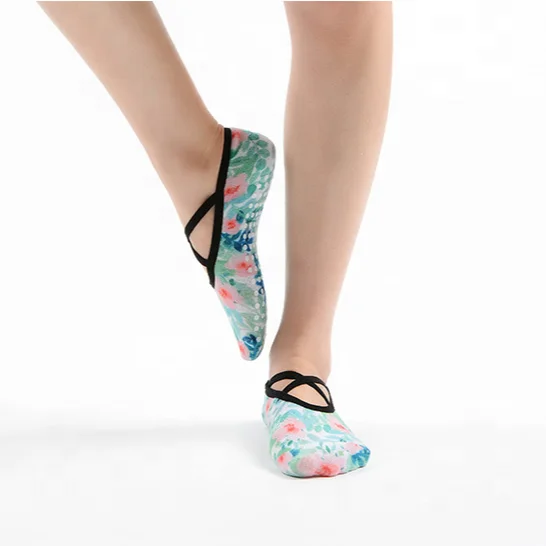 Womens Fashion Floral Printing Fitness Yoga Socks Non Slip Latex Dots Grip Pilates Socks