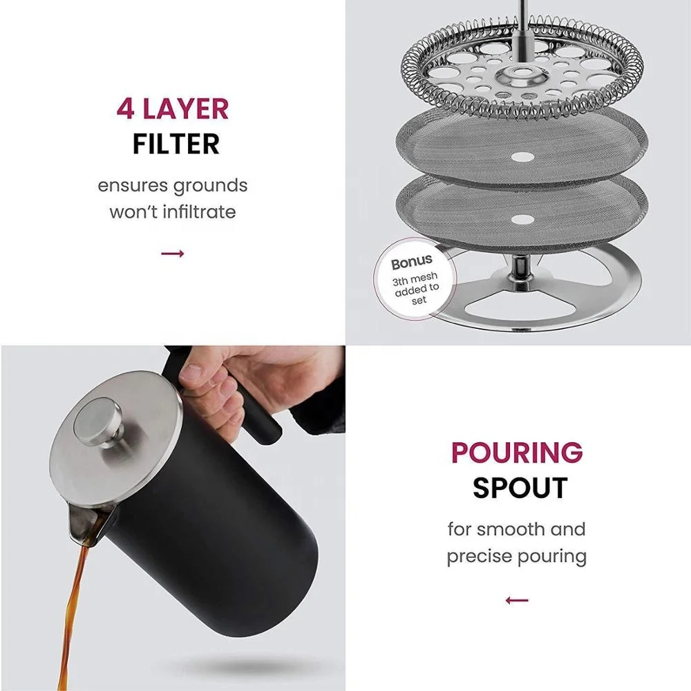 
French Press Coffee Maker (34-Oz) Stainless Steel Double Wall - Extra Components 