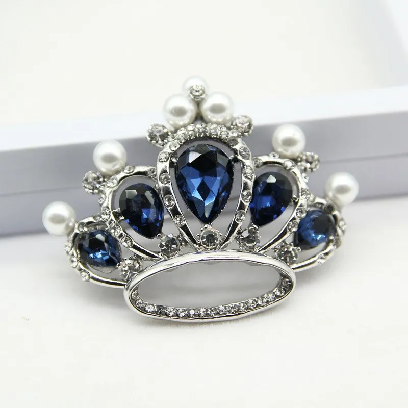 YK Fashion Korean Brooch Rhinestone Blue Zircon Pearl Crown Brooch Pin